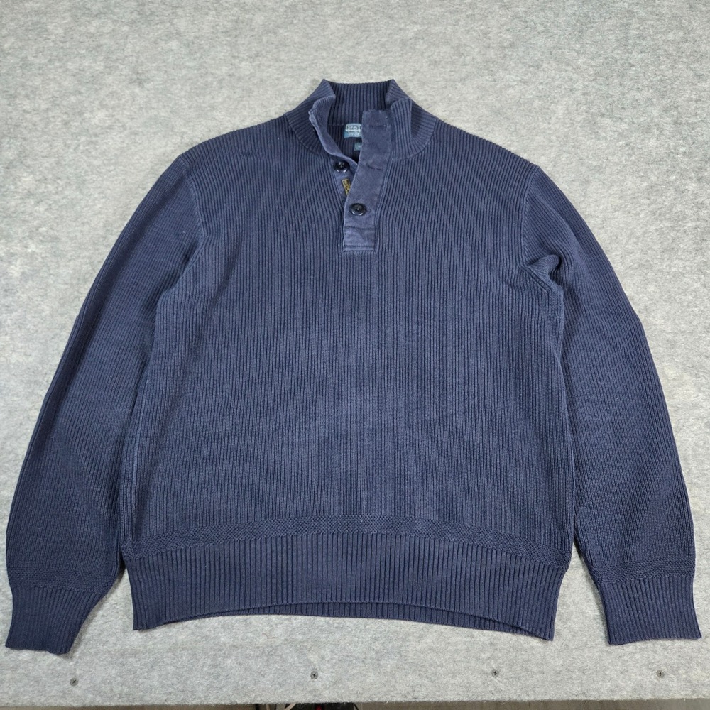 VTG Polo Ralph Lauren Mens Navy Blue Elbow Patch Mock Neck Button Sweater Large